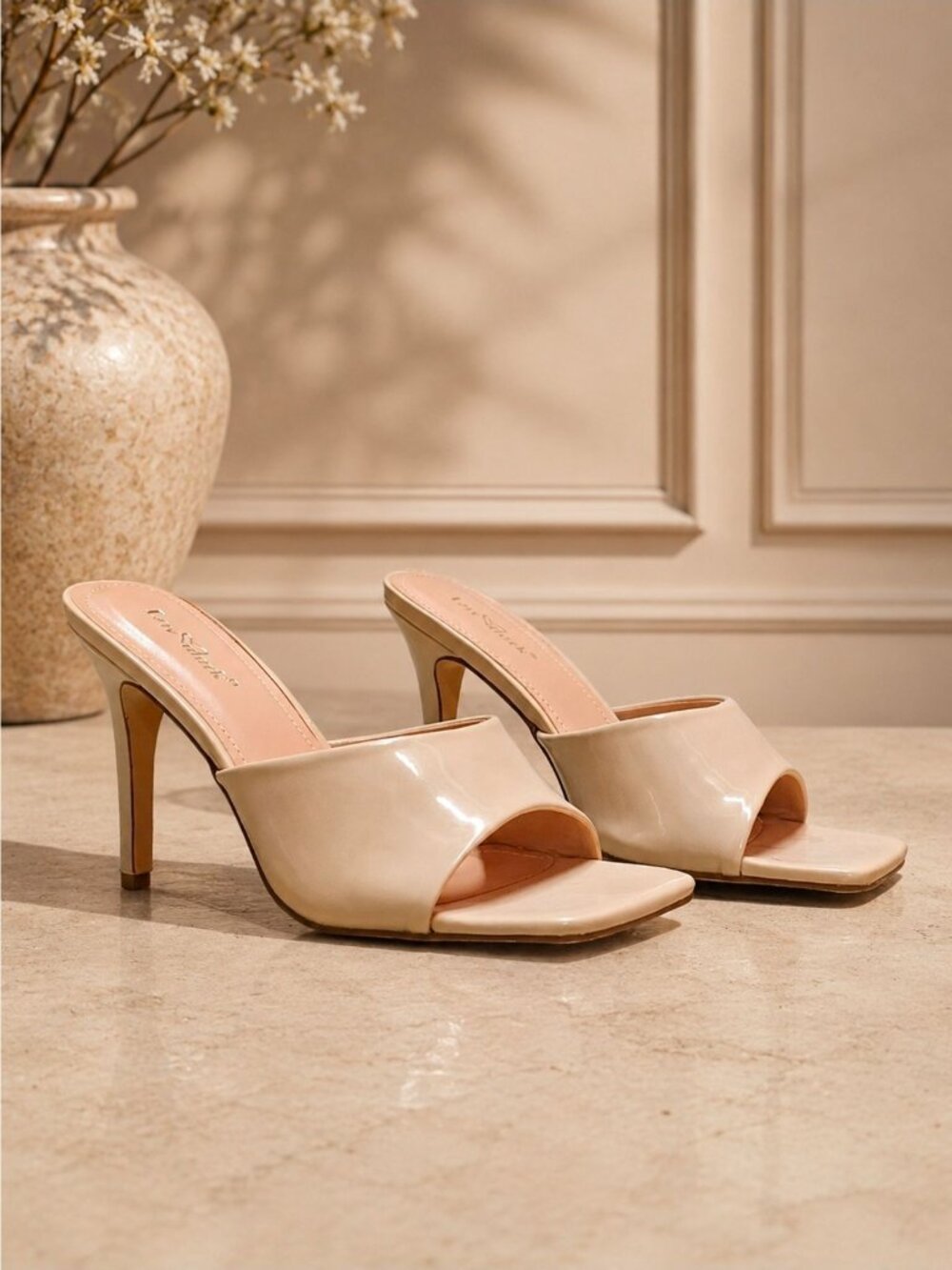 Nude Open-Toe Patent Leather High Heel Mules With Square Toe Design For Women